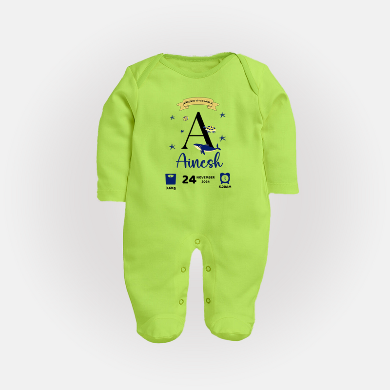 Personalized Birth Stat Sleep Suit/ Full Sleeve Bodysuit | Custom Baby Outfit with Name & Details - LIME GREEN - New Born (Chest 7.5")