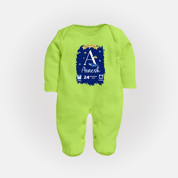Personalized Birthday Stat Sleep Suit/Full sleeve body suit | Custom Baby Sleep Suit/Full sleeve body suit with Birth Date, Time, and Weight - LIME GREEN - New Born (Chest 7.5")