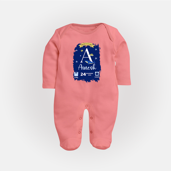 Personalized Birthday Stat Sleep Suit/Full sleeve body suit | Custom Baby Sleep Suit/Full sleeve body suit with Birth Date, Time, and Weight - PEACH - New Born (Chest 7.5")