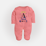 Personalized Birth Stat Sleep Suit/ Full Sleeve Bodysuit | Custom Baby Outfit with Name & Details - PEACH - New Born (Chest 7.5")