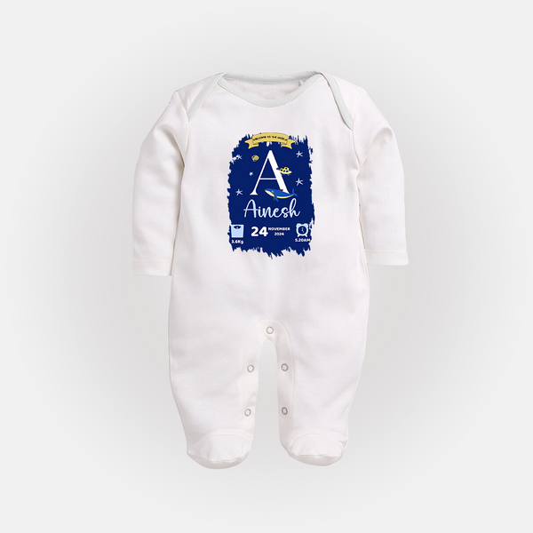 Personalized Birthday Stat Sleep Suit/Full sleeve body suit | Custom Baby Sleep Suit/Full sleeve body suit with Birth Date, Time, and Weight - WHITE - New Born (Chest 7.5")
