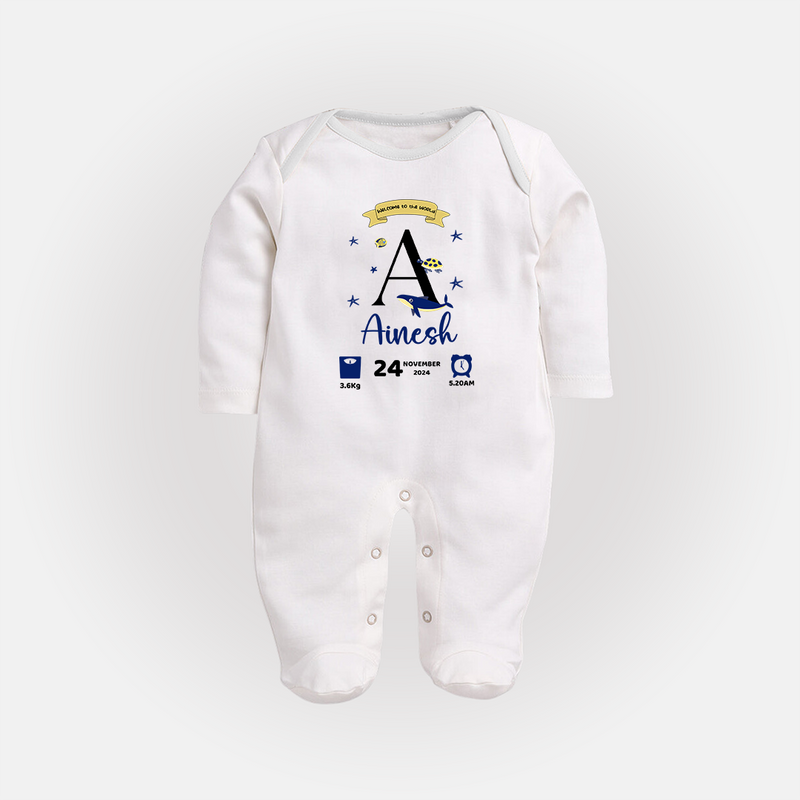 Personalized Birth Stat Sleep Suit/ Full Sleeve Bodysuit | Custom Baby Outfit with Name & Details - WHITE - New Born (Chest 7.5")