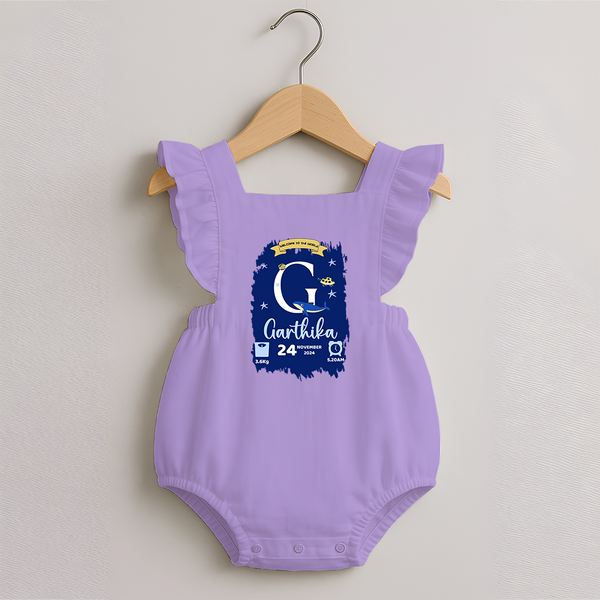 Personalized Birthday Stat Romper Frock | Custom Baby Romper Frock with Birth Date, Time, and Weight - LILAC - 0 - 3 Months Old (Chest 19")
