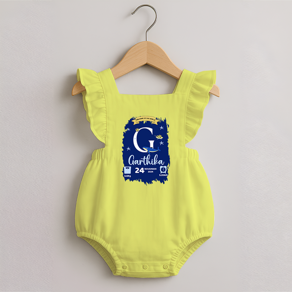 Personalized Birthday Stat Romper Frock | Custom Baby Romper Frock with Birth Date, Time, and Weight - PASTEL YELLOW - 0 - 3 Months Old (Chest 19")