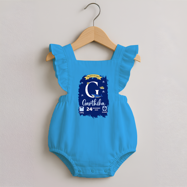 Personalized Birthday Stat Romper Frock | Custom Baby Romper Frock with Birth Date, Time, and Weight - SKY BLUE - 0 - 3 Months Old (Chest 19")