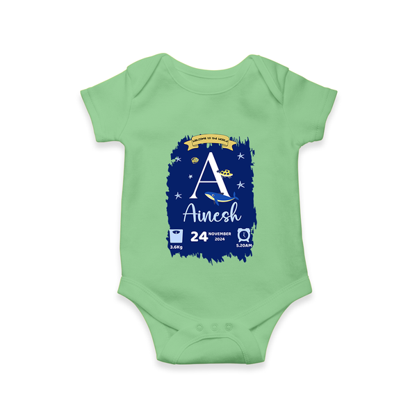 Personalized Birthday Stat Romper | Custom Baby Romper with Birth Date, Time, and Weight - GREEN - New Born (Chest 14")