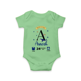 "Welcome to the World - Customized Romper With Baby Name, Date Of Birth, Weight, and Birth Time" - GREEN - 0 - 3 Months Old (Chest 16")