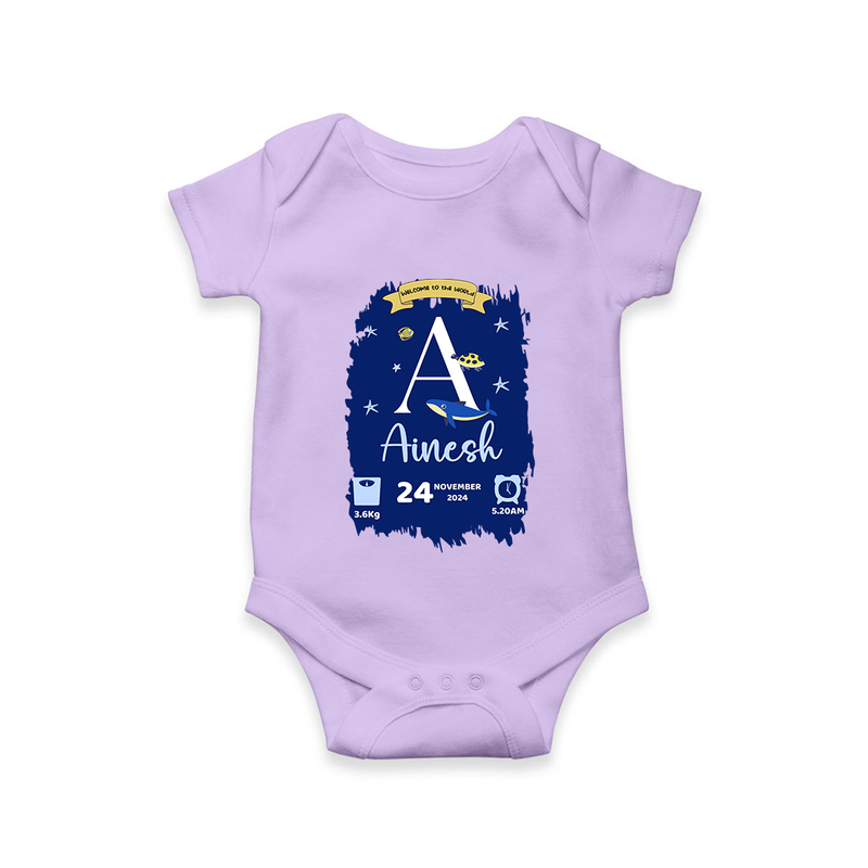 Personalized Birthday Stat Romper | Custom Baby Romper with Birth Date, Time, and Weight - LILAC - New Born (Chest 14")