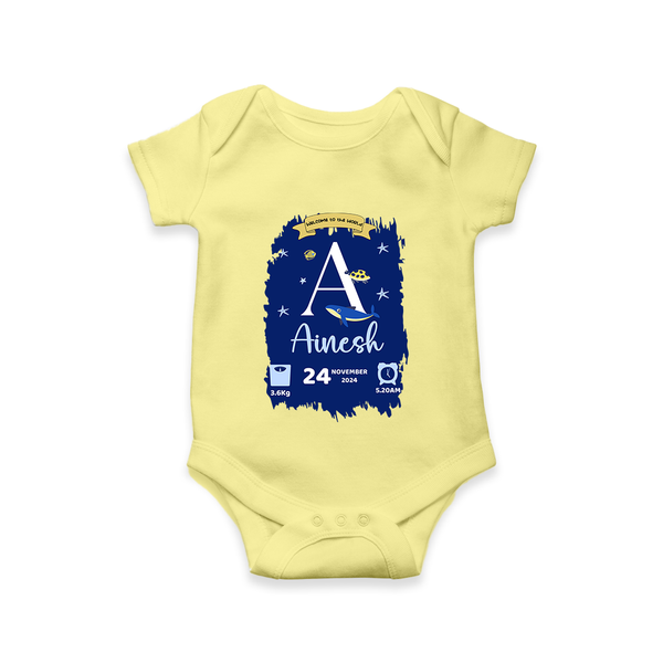 Personalized Birthday Stat Romper | Custom Baby Romper with Birth Date, Time, and Weight - PASTEL YELLOW - New Born (Chest 14")