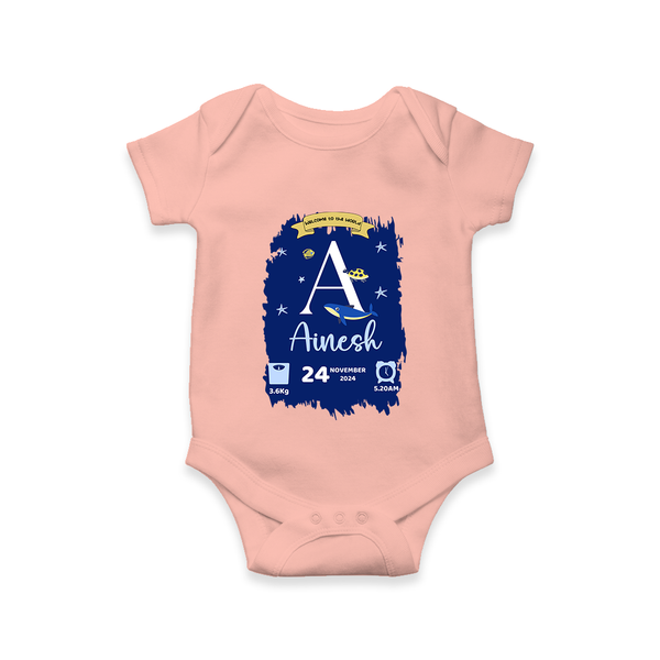 Personalized Birthday Stat Romper | Custom Baby Romper with Birth Date, Time, and Weight - PEACH - New Born (Chest 14")