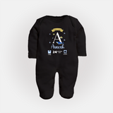Personalized Birth Stat Sleep Suit/ Full Sleeve Bodysuit | Custom Baby Outfit with Name & Details - BLACK - New Born (Chest 7.5")