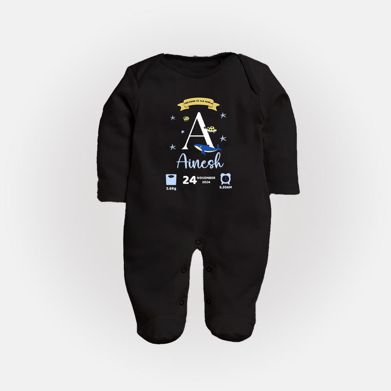 Personalized Birth Stat Sleep Suit/ Full Sleeve Bodysuit | Custom Baby Outfit with Name & Details - BLACK - New Born (Chest 7.5")