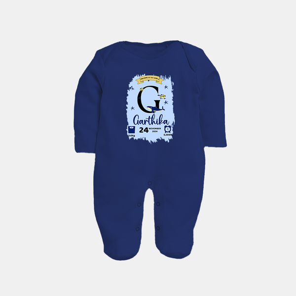 Personalized Birthday Stat Sleep Suit/Full sleeve body suit | Custom Baby Sleep Suit/Full sleeve body suit with Birth Date, Time, and Weight - NAVY BLUE - New Born (Chest 7.5")
