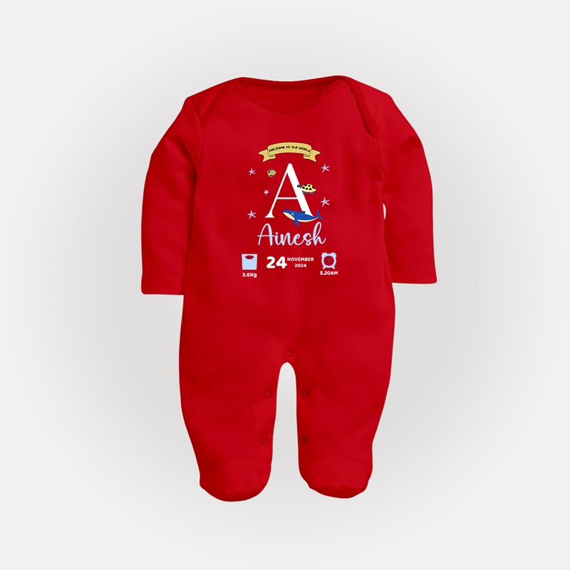 Personalized Birth Stat Sleep Suit/ Full Sleeve Bodysuit | Custom Baby Outfit with Name & Details - RED - New Born (Chest 7.5")