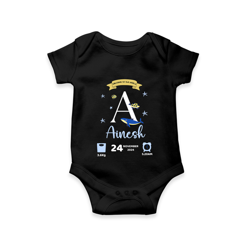 "Welcome to the World - Customized Romper With Baby Name, Date Of Birth, Weight, and Birth Time" - BLACK - 0 - 3 Months Old (Chest 16")