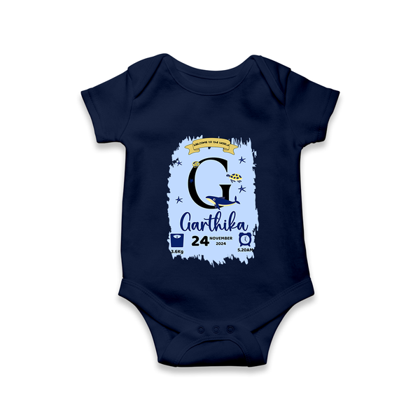 Personalized Birthday Stat Romper | Custom Baby Romper with Birth Date, Time, and Weight - NAVY BLUE - New Born (Chest 14")