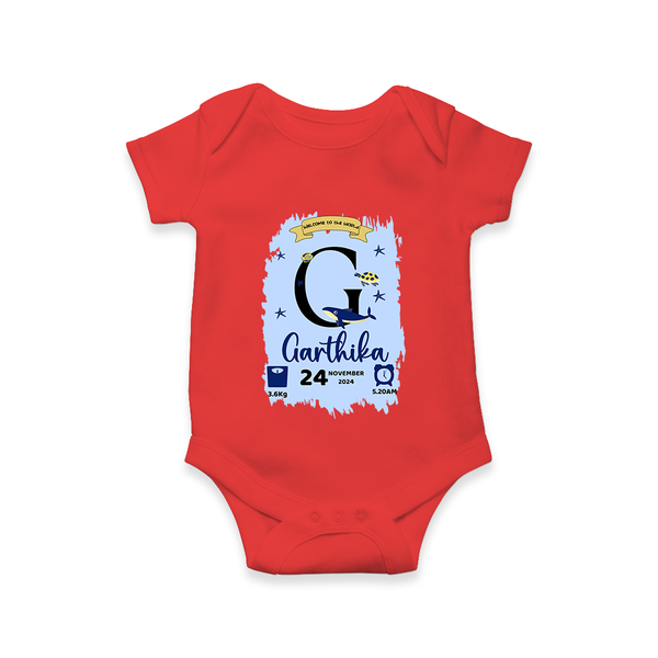 Personalized Birthday Stat Romper | Custom Baby Romper with Birth Date, Time, and Weight - RED - New Born (Chest 14")