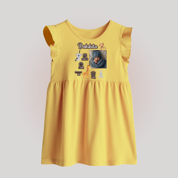 Personalized Baby Birthday Stat Baby Frock | Birth Date, Time, and Weight Printed Baby Frock - PASTEL YELLOW - 0 - 3 Months Old (Chest 17")