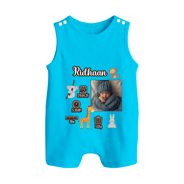 Personalized Baby Birthday Stat Romper Suit/Sleeveless Romper | Birth Date, Time, and Weight Printed Romper Suit/Sleeveless Romper - SKY BLUE - 0 - 5 Months Old (Chest 18")