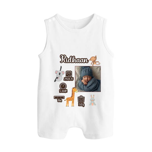 Personalized Baby Birthday Stat Romper Suit/Sleeveless Romper | Birth Date, Time, and Weight Printed Romper Suit/Sleeveless Romper - WHITE - 0 - 5 Months Old (Chest 18")