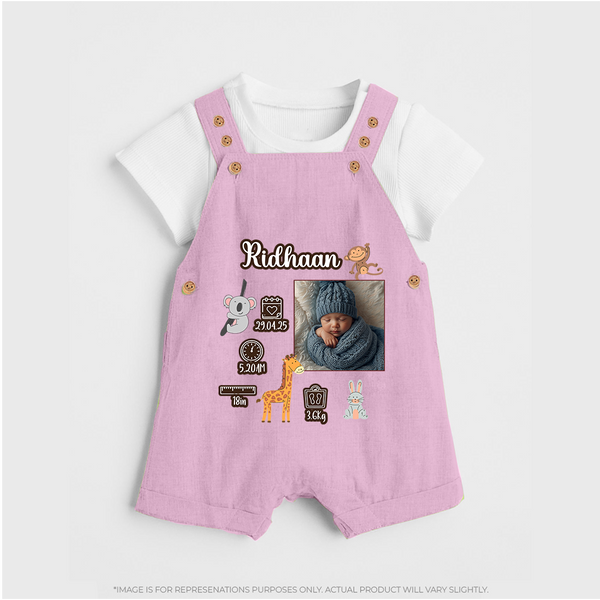 Personalized Baby Birthday Stat Dungaree Set | Birth Date, Time, and Weight Printed Dungaree Set - BABY PINK - 0 - 5 Months Old (Chest 18")