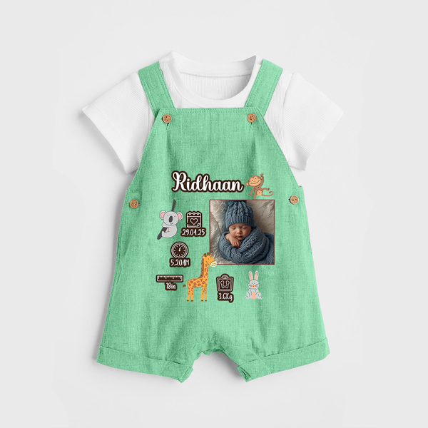 Personalized Baby Birthday Stat Dungaree Set | Birth Date, Time, and Weight Printed Dungaree Set - GREEN - 0 - 5 Months Old (Chest 18")
