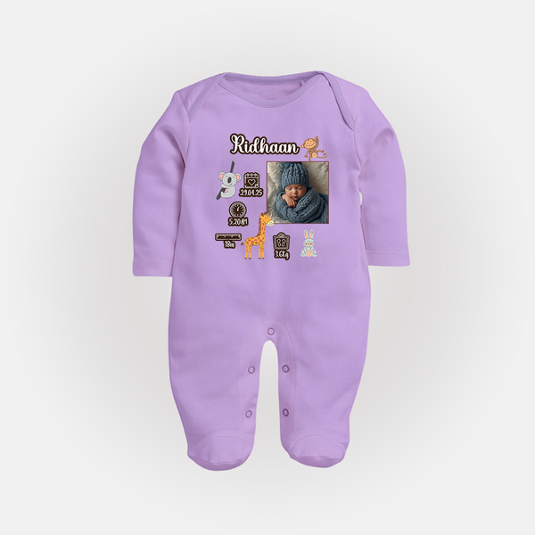 Personalized Baby Birthday Stat Sleep Suit/Full sleeve body suit | Birth Date, Time, and Weight Printed Sleep Suit/Full sleeve body suit - LILAC - New Born (Chest 7.5")
