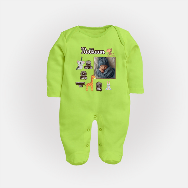 Personalized Baby Birthday Stat Sleep Suit/Full sleeve body suit | Birth Date, Time, and Weight Printed Sleep Suit/Full sleeve body suit - LIME GREEN - New Born (Chest 7.5")