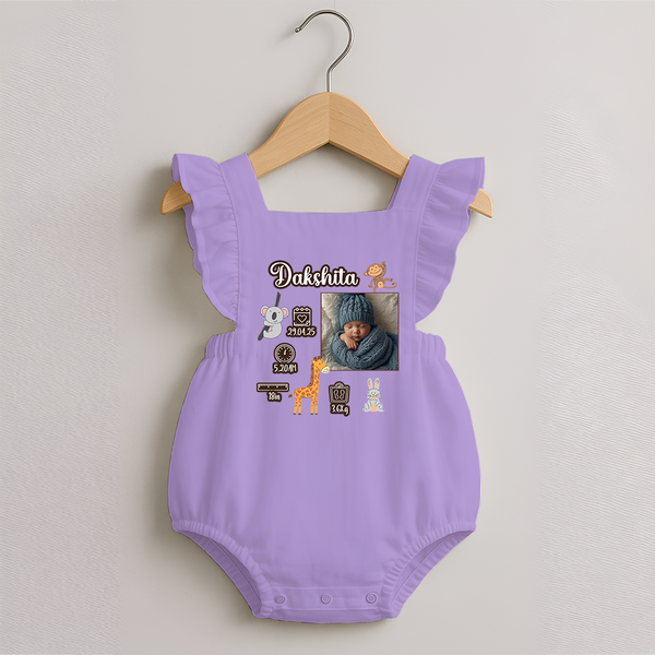 Personalized Baby Birthday Stat Romper Frock | Birth Date, Time, and Weight Printed Romper Frock - LILAC - 0 - 3 Months Old (Chest 19")
