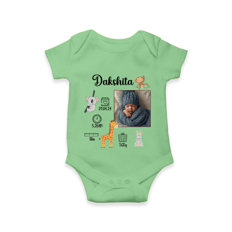 "Perfect Beginnings - Customized Romper With Baby Name, Weight & Birth Details" - GREEN - 0 - 3 Months Old (Chest 16")