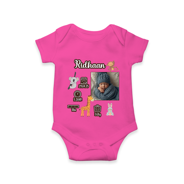 Personalized Baby Birthday Stat Romper | Birth Date, Time, and Weight Printed Romper - HOT PINK - New Born (Chest 14")