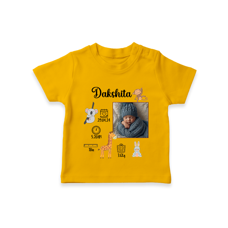 "Perfect Beginnings - Customized T-shirt With Baby Name, Weight & Birth Details" - CHROME YELLOW - 0-5 Months Old (Chest 17")