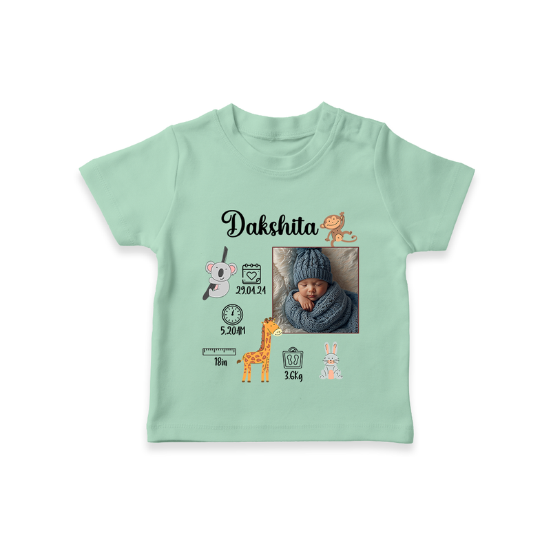 "Perfect Beginnings - Customized T-shirt With Baby Name, Weight & Birth Details" - MINT GREEN - 0-5 Months Old (Chest 17")