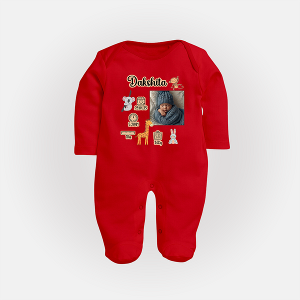 Personalized Baby Birthday Stat Sleep Suit/Full sleeve body suit | Birth Date, Time, and Weight Printed Sleep Suit/Full sleeve body suit - RED - New Born (Chest 7.5")