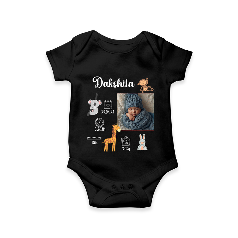 "Perfect Beginnings - Customized Romper With Baby Name, Weight & Birth Details" - BLACK - 0 - 3 Months Old (Chest 16")