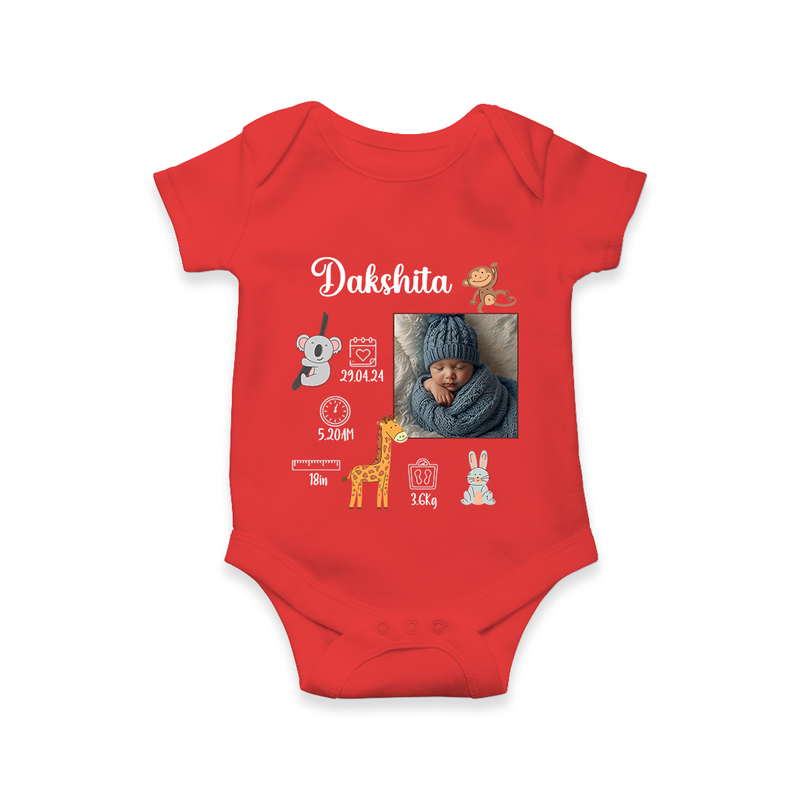 "Perfect Beginnings - Customized Romper With Baby Name, Weight & Birth Details" - RED - 0 - 3 Months Old (Chest 16")