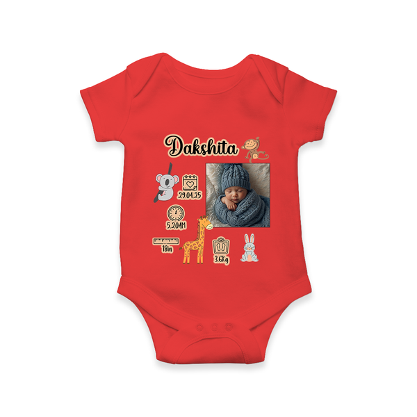 Personalized Baby Birthday Stat Romper | Birth Date, Time, and Weight Printed Romper - RED - New Born (Chest 14")