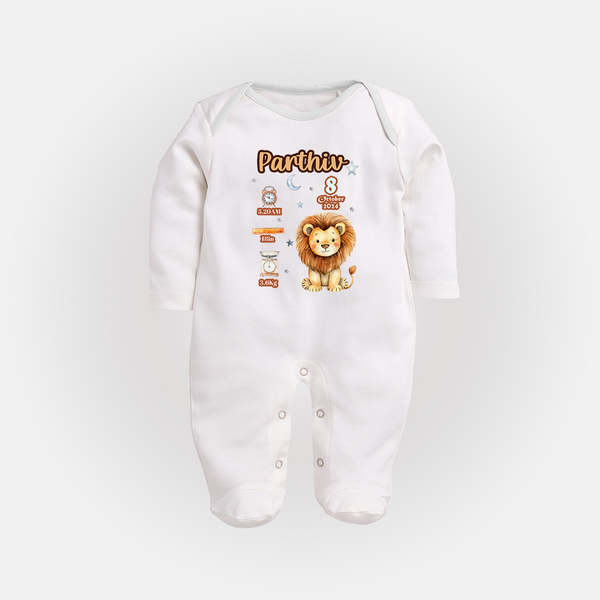Birthday Stats Sleep Suit/Full sleeve body suit | Custom Baby Sleep Suit/Full sleeve body suit with Name, Time,Birth Date, and Weight - WHITE - New Born (Chest 7.5")