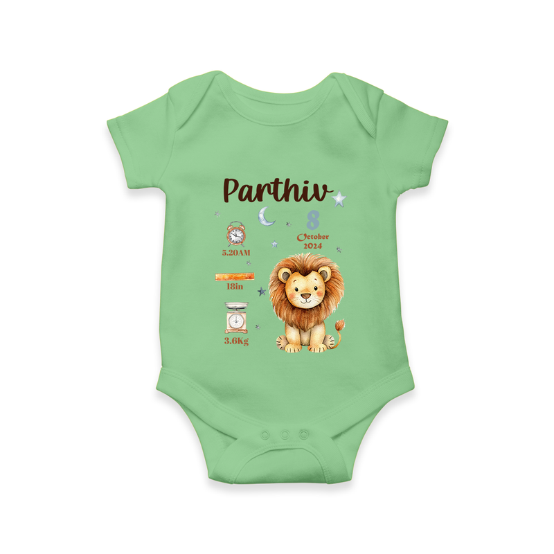 "A Special Arrival - Customized Romper With Baby Name, Weight, And Birth Details" - GREEN - 0 - 3 Months Old (Chest 16")