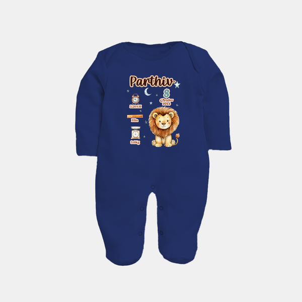 Birthday Stats Sleep Suit/Full sleeve body suit | Custom Baby Sleep Suit/Full sleeve body suit with Name, Time,Birth Date, and Weight - NAVY BLUE - New Born (Chest 7.5")