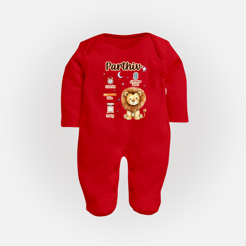 Birthday Stats Sleep Suit/Full sleeve body suit | Custom Baby Sleep Suit/Full sleeve body suit with Name, Time,Birth Date, and Weight - RED - New Born (Chest 7.5")