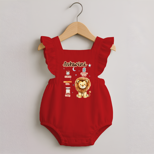 Birthday Stats Romper Frock | Custom Baby Romper Frock with Name, Time,Birth Date, and Weight - RED - 0 - 3 Months Old (Chest 19")
