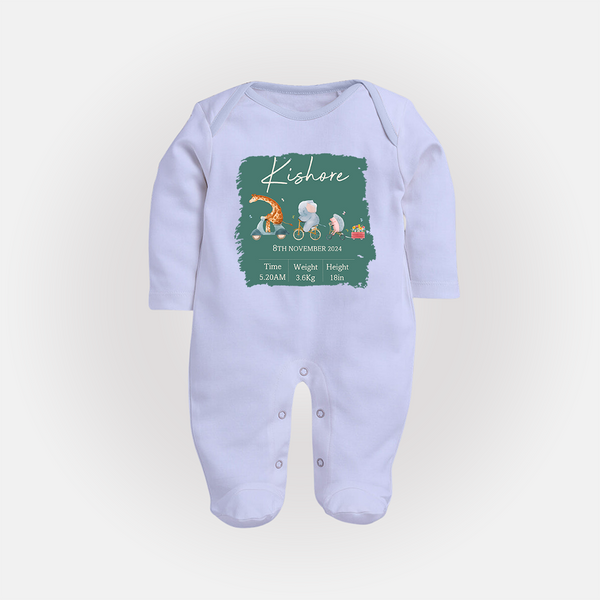First Birthday Stat Sleep Suit/Full sleeve body suit | Custom Sleep Suit/Full sleeve body suit for Your Baby's Milestone - BABY BLUE - New Born (Chest 7.5")