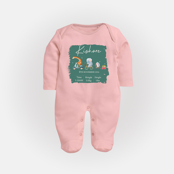 First Birthday Stat Sleep Suit/Full sleeve body suit | Custom Sleep Suit/Full sleeve body suit for Your Baby's Milestone - BABY PINK - New Born (Chest 7.5")