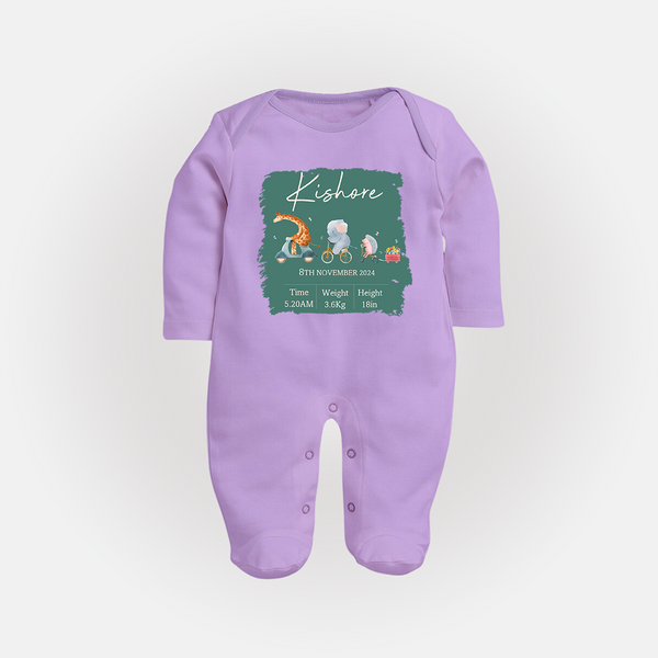 First Birthday Stat Sleep Suit/Full sleeve body suit | Custom Sleep Suit/Full sleeve body suit for Your Baby's Milestone - LILAC - New Born (Chest 7.5")