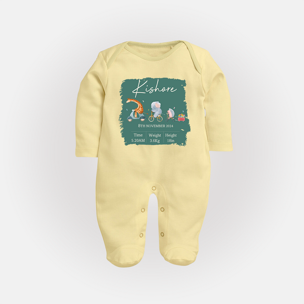 First Birthday Stat Sleep Suit/Full sleeve body suit | Custom Sleep Suit/Full sleeve body suit for Your Baby's Milestone - PASTEL YELLOW - New Born (Chest 7.5")