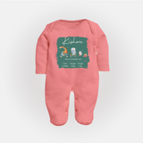 First Birthday Stat Sleep Suit/Full sleeve body suit | Custom Sleep Suit/Full sleeve body suit for Your Baby's Milestone - PEACH - New Born (Chest 7.5")