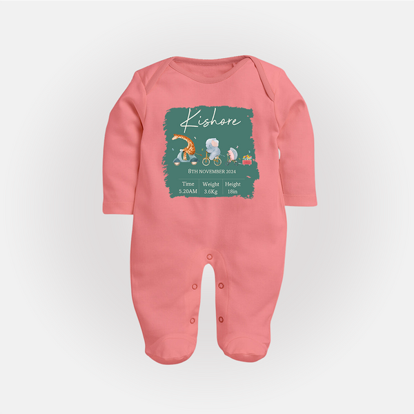 First Birthday Stat Sleep Suit/Full sleeve body suit | Custom Sleep Suit/Full sleeve body suit for Your Baby's Milestone - PEACH - New Born (Chest 7.5")