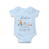 "Cherished Beginnings - Customized Romper With Baby Name, Weight, And Birth Details" - BABY BLUE - 0 - 3 Months Old (Chest 16")