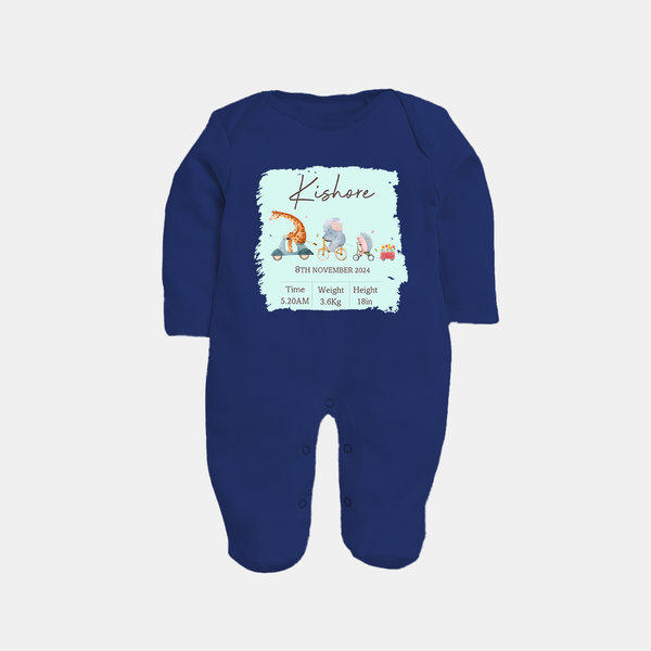 First Birthday Stat Sleep Suit/Full sleeve body suit | Custom Sleep Suit/Full sleeve body suit for Your Baby's Milestone - NAVY BLUE - New Born (Chest 7.5")